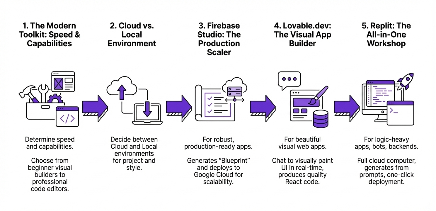 An infographic for Module 4 of the Vibe Coding course, showing a code icon and titled 'Lab: Building a Startup Name Generator'.