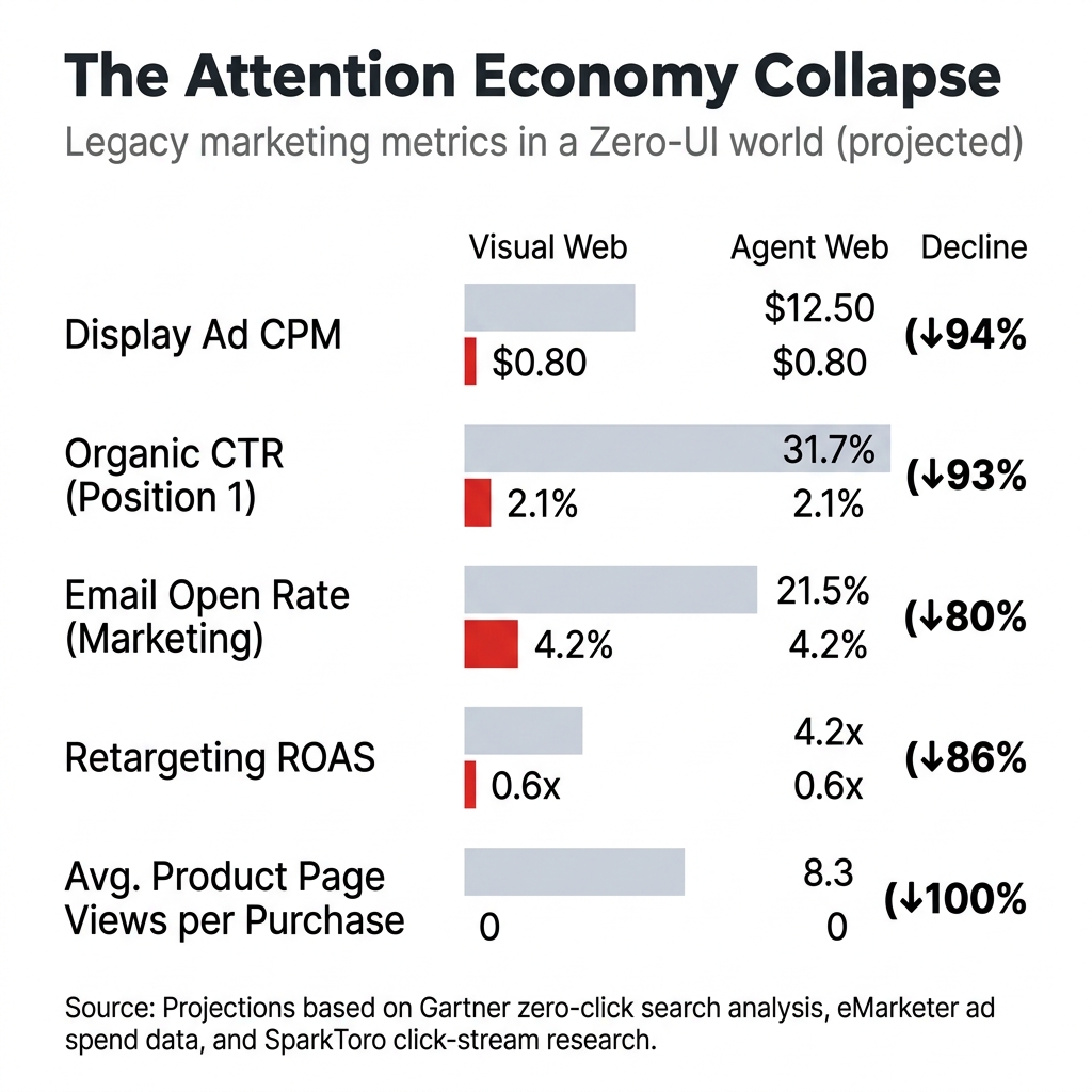 Horizontal bar chart comparing Visual Web vs Agent Web across key marketing metrics like CTR and open rates