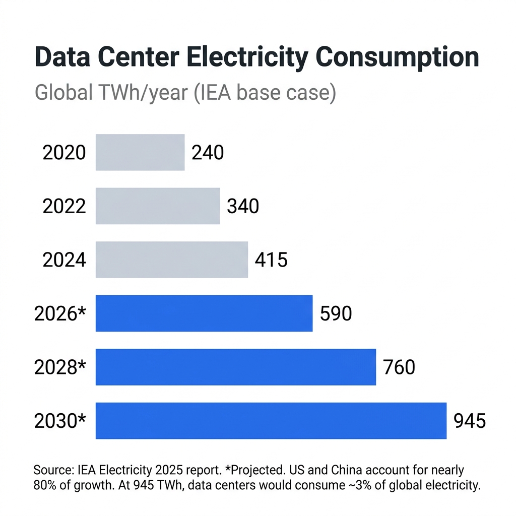 Bar chart showing global data center electricity consumption growing from 240 TWh in 2020 to 945 TWh projected by 2030