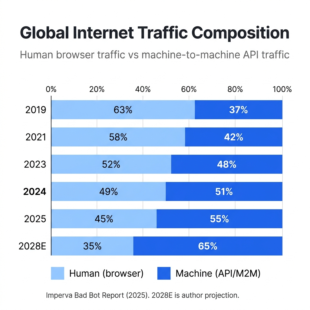 100% stacked bar chart showing global internet traffic shifting from human-dominated in 2019 (63%) to machine-dominated by 2028 (65%) with crossover in 2024